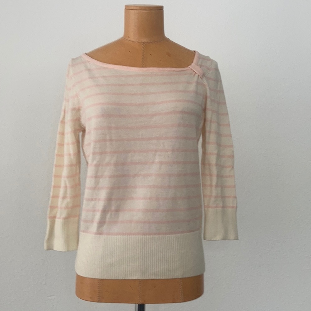 Banana Republic Merino Wool Cream & Pink boatneck with detail stripe sweater